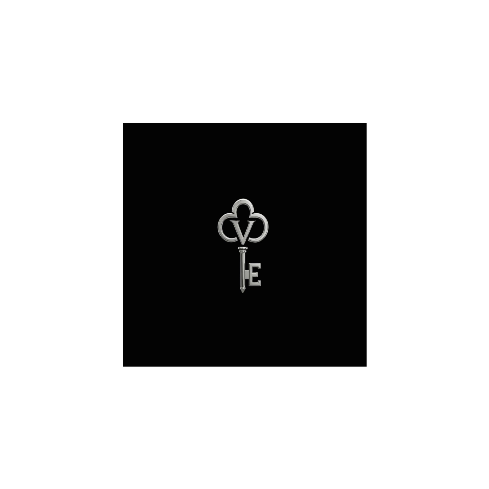 A silver-tone metal key-shaped pendant or charm featuring a stylized 'V' and 'E' design, centered on a solid black square background.